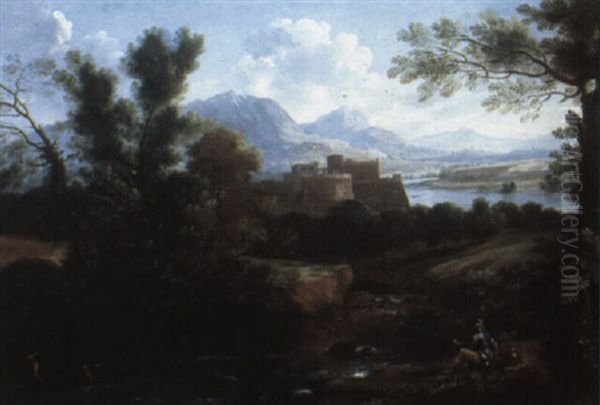 Extensive Italianate River Landscape With Fishermen Oil Painting by Marco Ricci