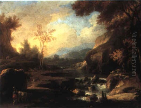 River Landscape With Herders And Their Flocks Oil Painting by Marco Ricci