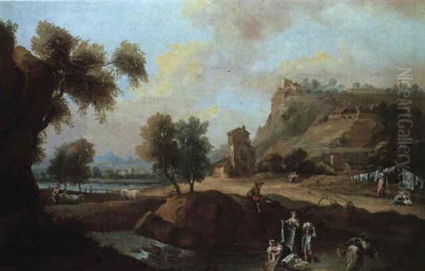 Extensive River Landscape With Women Washing And A Man Watching Oil Painting by Marco Ricci