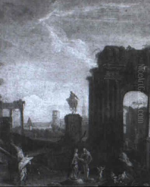 Capriccio Of Ruins With The Flight Into Egypt Oil Painting by Marco Ricci