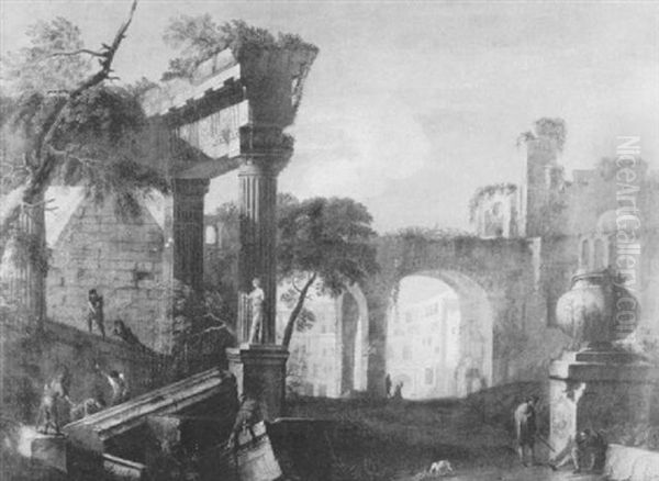 Capriccio Of Ruins With Figures Oil Painting by Marco Ricci