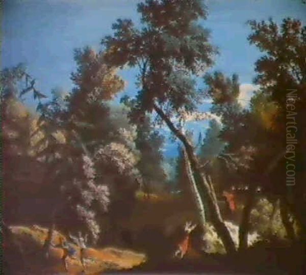 A Forest Landscape With Peasants Fleeing From A Bear Oil Painting by Marco Ricci