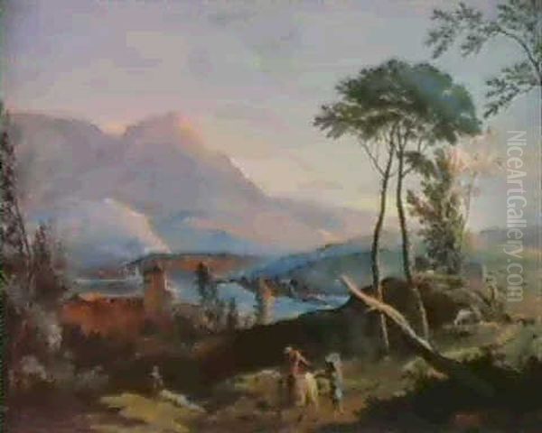 Peasants In A Landscape With Mountains In The Background Oil Painting by Marco Ricci