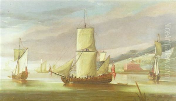 The Royal Yacht Fubbs In An Italianate River Landscape by Marco Ricci