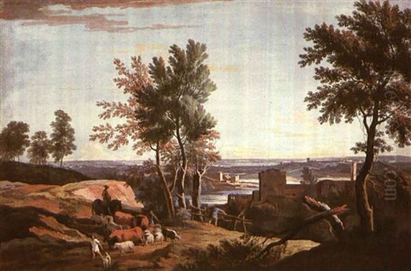 An Extensive Landscape With Herdsmen And Their Animals In   The Foreground, And Buildings And A River In The Distance Oil Painting by Marco Ricci