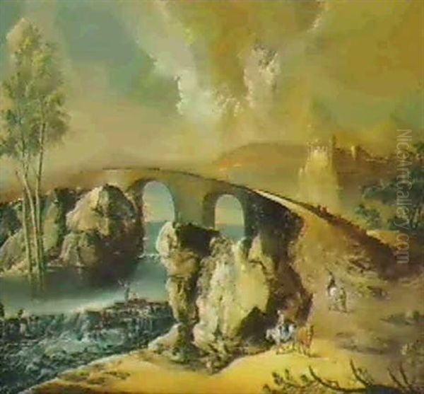 Paesaggio Con Grande Ponte E Figure Oil Painting by Marco Ricci