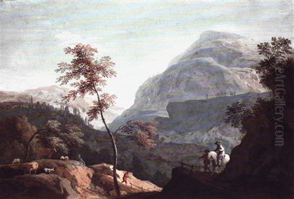 Peasants With Animals And Travellers In A Mountainous       Landscape Oil Painting by Marco Ricci