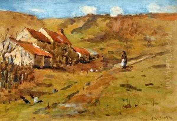 East Coast Cottages With Hens And Figure On Pathway Oil Painting by James William Booth