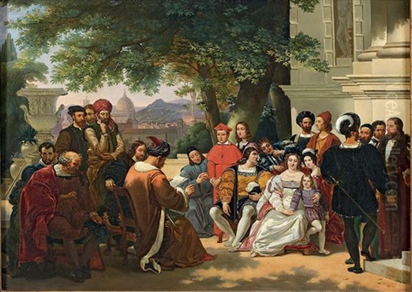 Eleonore De Tolede Et Ses Enfants Recevant Des Emissaires Ottomans Dans Les Jardins De Boboli Oil Painting by Pio Ricci