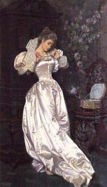 Portrait Of A Woman In Silver Satin Dress Tying Up A Packet Of Letters Oil Painting by Pio Ricci