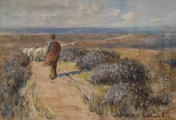 Shepherd And Sheep In A Moorland Landscape Oil Painting by James William Booth