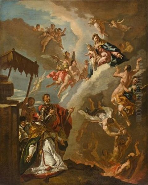 Pope Gregory I And Saint Vitalis Intercede With Madonna For The Souls In Purgatory Presumably By Francesco Fontebasso (1709-1769) (collab. W/workshop) Oil Painting by Sebastiano Ricci