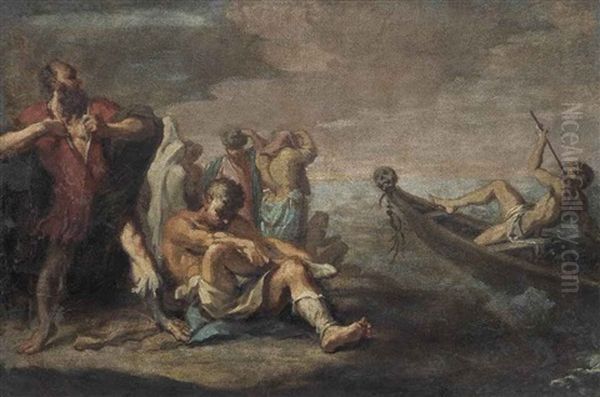 Figures On A Shore Looking Across The Sea, With A Man Stumbling In A Rowing Boat Oil Painting by Sebastiano Ricci