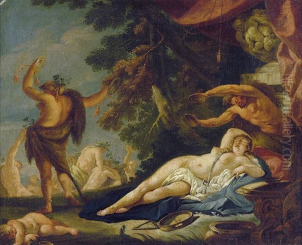 Schlafende Nymphe Von Einem Satyr Beaugt, Im Hintergrund Ein Bacchuszug Oil Painting by Sebastiano Ricci