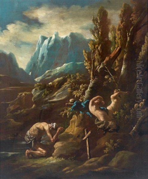 Paesaggio Roccioso Con Figure (in Collab. W/alessandro Magnasco) Oil Painting by Sebastiano Ricci