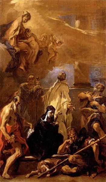 L'apparizione Della Vergine A San Benedetto Con I Santi Gerolamo, Paolo, Scolastica, Rocco E Pietro Oil Painting by Sebastiano Ricci