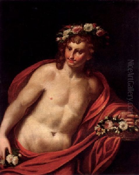 A Young Man Wearing A Floral Wreath With A Basket Of Flowers, Holding A Heart Oil Painting by Sebastiano Ricci