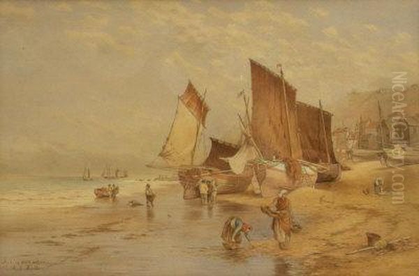 Fishing Boats Ashore Oil Painting by Kate E. Booth