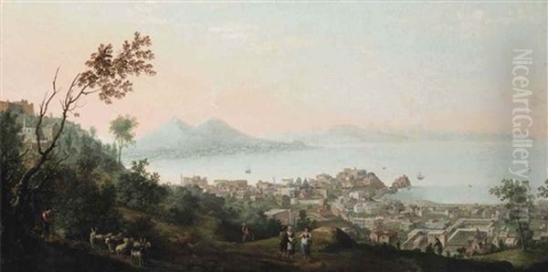 The Bay Of Naples With Castel Sant'elmo On The Vomero Hill And Castel Nuovo On The Bay, The Vesuvius In The Distance Oil Painting by Gabriele Ricciardelli