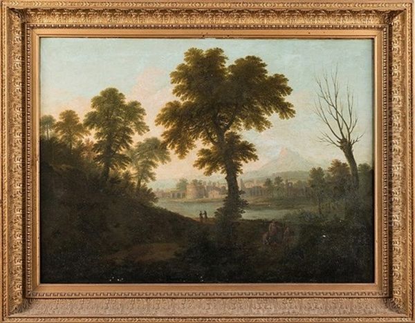 An Italianate Landscape, Figures In The Foreground, With A View To A Fortified Town And Mountains Beyond Oil Painting by Gabriele Ricciardelli