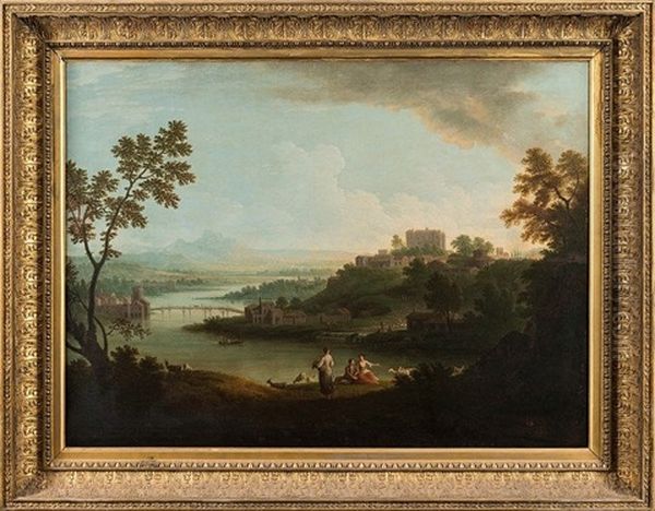 An Extensive Italianate River Landscape, With Figures And Goats In The Foreground, A Hilltop Town Beyond, Mountains In The Distance Oil Painting by Gabriele Ricciardelli