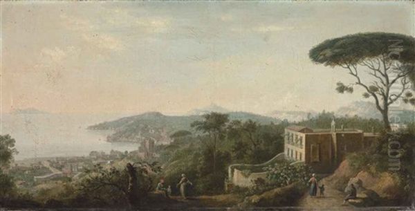 A View Of Posillipo, Naples (from Vomero, With Figures Resting In The Foreground And Capri In The Distance) Oil Painting by Gabriele Ricciardelli