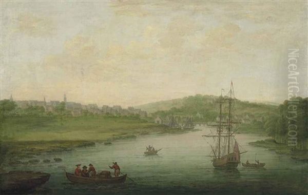 A View Of A Riverside Town, Possibly Ballyshannon On The River Erne, Ireland, With A Man-of-war And Figures In A Rowing Boat In The Foreground Oil Painting by Gabriele Ricciardelli