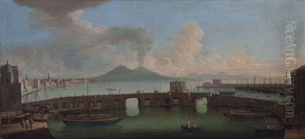 A View Of The Bay Of Naples With The Ponte Nuovo, Vesuvius Beyond Oil Painting by Gabriele Ricciardelli