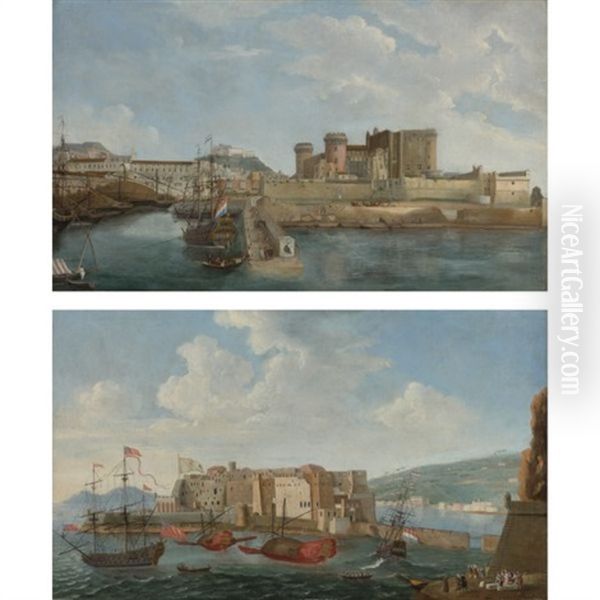 A View Of Castel Dell'ovo From The Bay Of Trentaremi, Naples (+ A View Of The Darsena, Naples; Pair) Oil Painting by Gabriele Ricciardelli