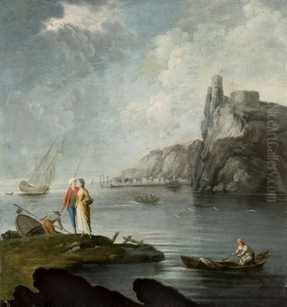 Veduta Ideale Di Baia Con Faro Turrito (+ Paesaggio Boschivo Con Rovine Classiche; 2 Works) Oil Painting by Gabriele Ricciardelli