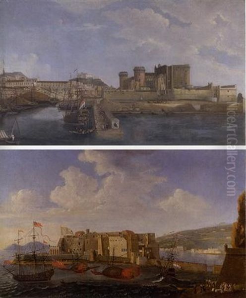 A View Of Castel Dell'ovo From The Bay Of Trentaremi, Naples (+ View Of The Darsena; Pair) Oil Painting by Gabriele Ricciardelli