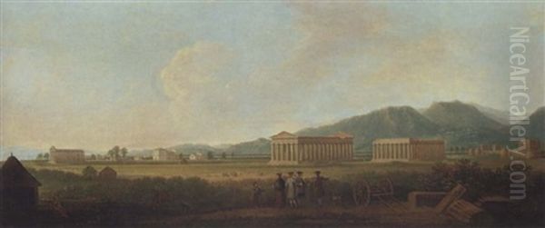 A View Of Paestum, With Grand Tourists In The Foreground Oil Painting by Gabriele Ricciardelli