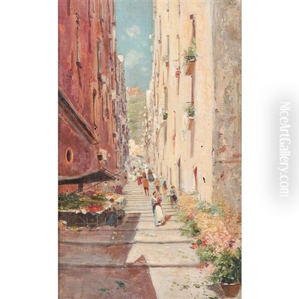 Pair Of Street Scenes Oil Painting by Oscar Ricciardi