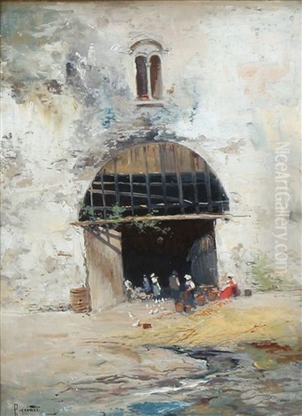 The Entrance To An Italian Food Court Oil Painting by Oscar Ricciardi