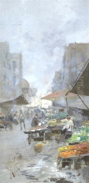 Street Market, Naples, A Pair Oil Painting by Oscar Ricciardi