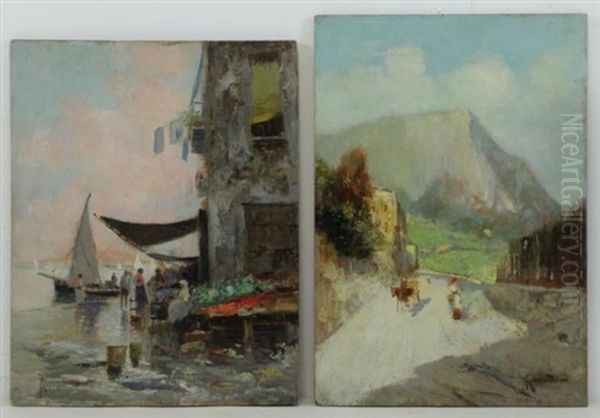 Market Scene; Village Scene (2 Works) Oil Painting by Oscar Ricciardi