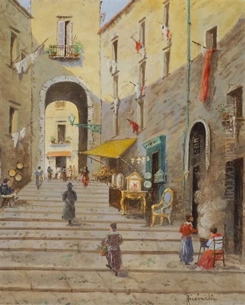 Belebte Treppe Vor Torbogen In Suditalienischer Stadt Oil Painting by Oscar Ricciardi