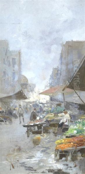 Street Market, Naples; A Pair Oil Painting by Oscar Ricciardi