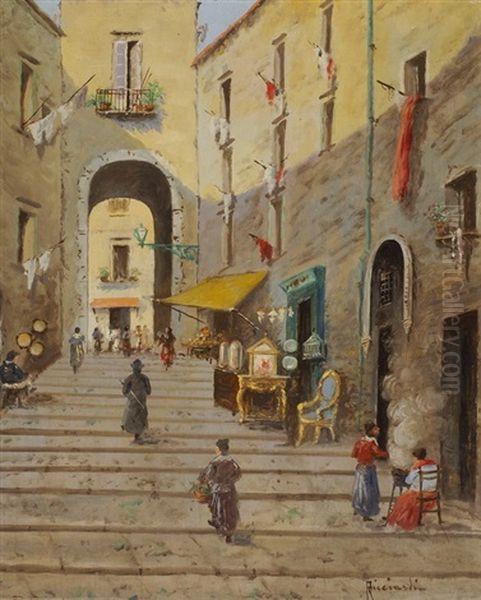 Belebte Treppe Vor Torbogen In Suditalienischer Stadt Oil Painting by Oscar Ricciardi