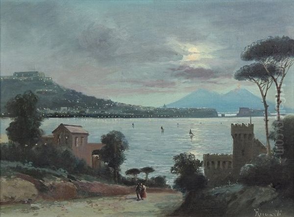 Scenes From Naples With Mt. Vesuvius In The Distance (2 Works) Oil Painting by Oscar Ricciardi