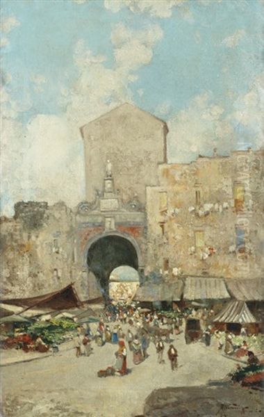 Porta Capuana, Naples; Ponte Della Maddalena; A Pair Each 39 X 25cm (15 3/8 X 9 13/16in).(2) Oil Painting by Oscar Ricciardi