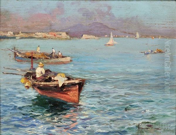 Italian Coastal View With Fishing Boats Oil Painting by Oscar Ricciardi