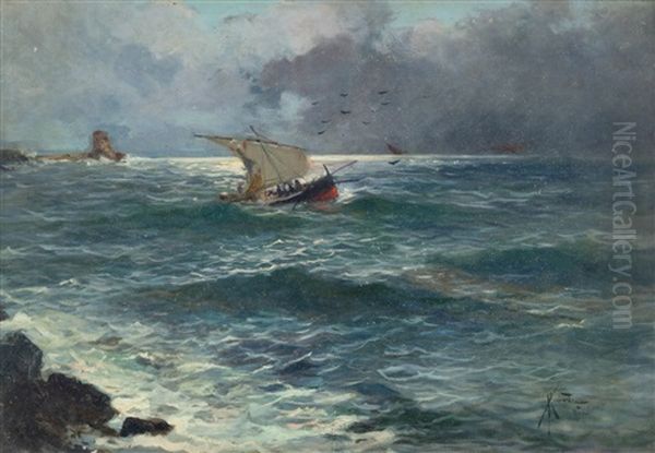 Veliero Nel Mare In Tempesta Oil Painting by Oscar Ricciardi