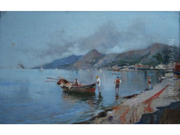 Fishermen On The Neapolitan Coast Oil Painting by Oscar Ricciardi