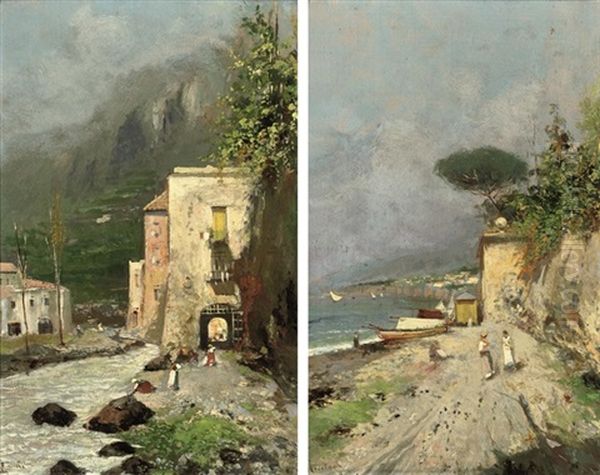 Fisherfolk On The Amalfi Coast (+ Washing Clothes Below The Mountains; Pair) Oil Painting by Oscar Ricciardi