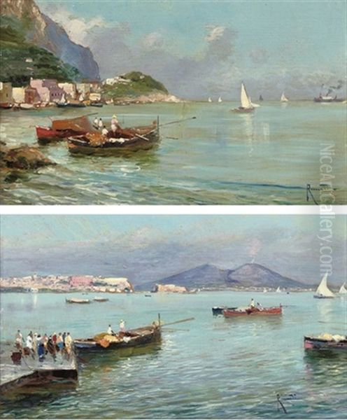 Bay Of Naples, Vesuvius Beyond (+ Fishermen Bringing In The Catch; Pair) Oil Painting by Oscar Ricciardi