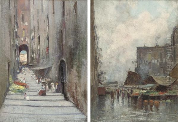 The Vegetable Market (+ A Neapolitan Street, Market Day; 2 Works) Oil Painting by Oscar Ricciardi