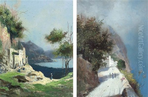 On The Way To Market (+ Peasant Girls On A Coastal Track, Capri; Pair) Oil Painting by Oscar Ricciardi