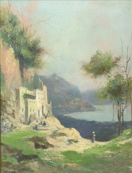 Coastal View In Campania, Italy (+ Another; 2 Works) Oil Painting by Oscar Ricciardi