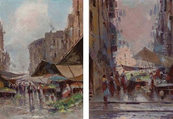 A Neapolitan Market (+ Another, Similar; Pair) Oil Painting by Oscar Ricciardi